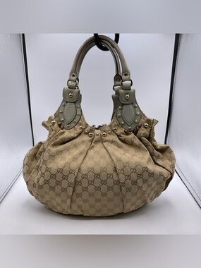 Gucci Pelham Studded Beige GG Canvas and Leather Hobo Purse
